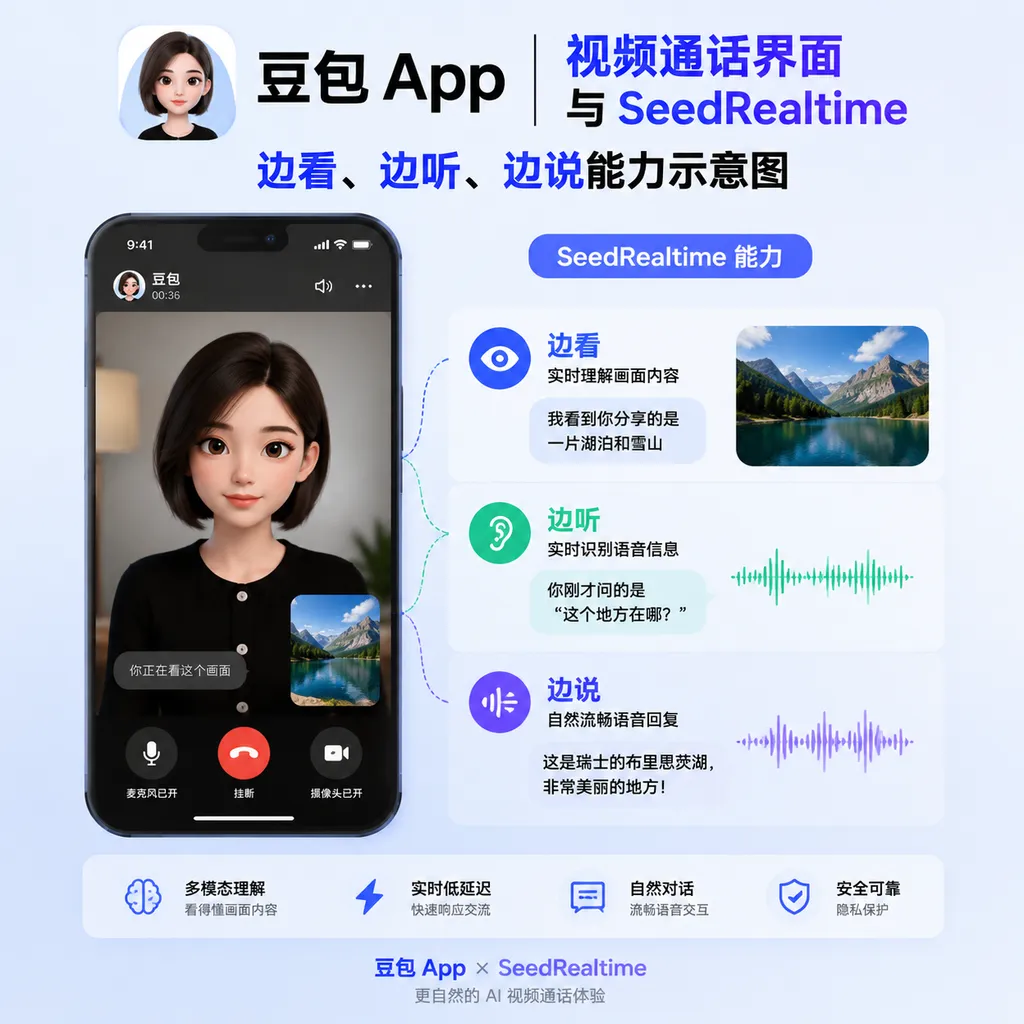 豆包 App 视频通话界面与 SeedRealtime 边看、边听、边说能力示意图