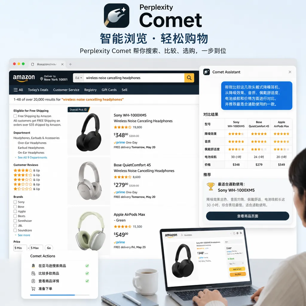 Perplexity Comet浏览器代表用户在亚马逊搜索、比较商品并准备下单的示意图