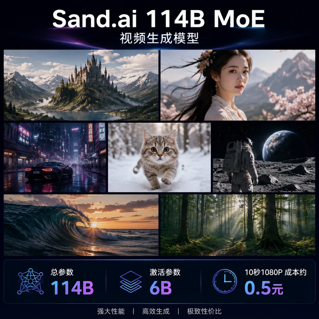 Sample montage from Sand.ai’s 114B MoE video generation model, annotated with 114B total parameters, 6B active parameters, and a cost of approximately RMB 0.50 for 10 seconds of 1080p video