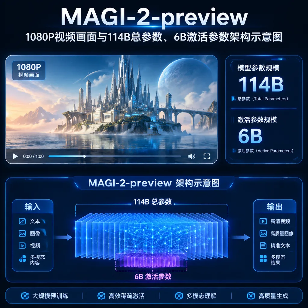 MAGI-2-preview生成的1080P视频画面与114B总参数、6B激活参数架构示意图