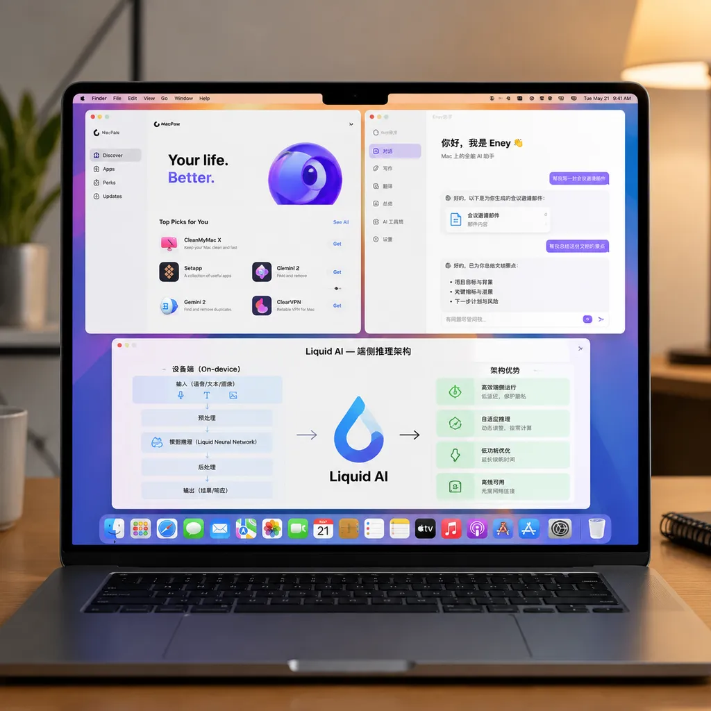 Illustration showing the MacPaw app store, Eney assistant, and Liquid AI’s on-device inference architecture on a MacBook
