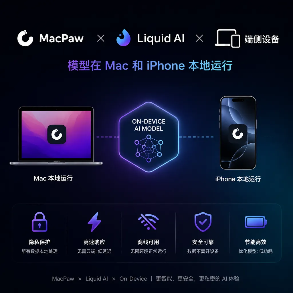 MacPaw、Liquid AI 与端侧设备组成的合作示意图,模型在 Mac 和 iPhone 本地运行