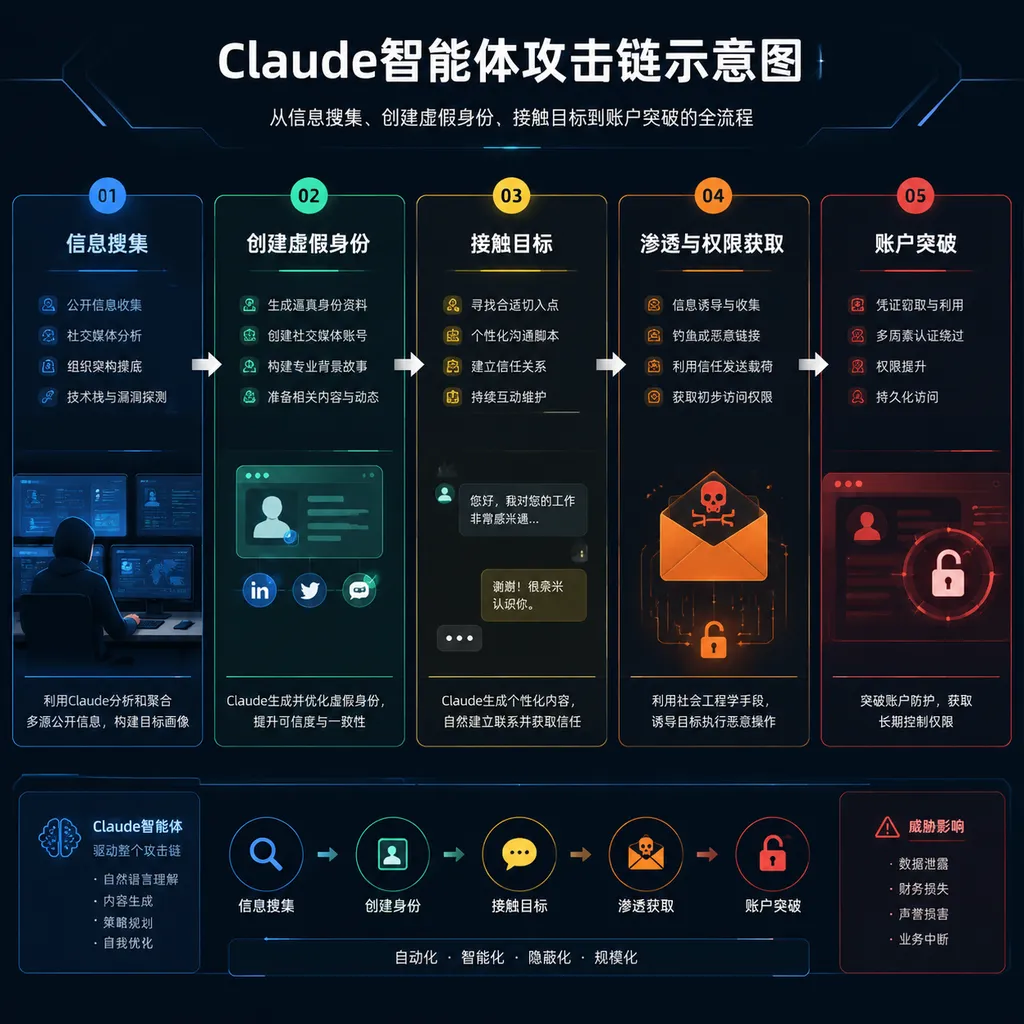 Diagram of the attack chain used by the Claude agent, from information gathering and fake identity creation to contacting targets and compromising accounts