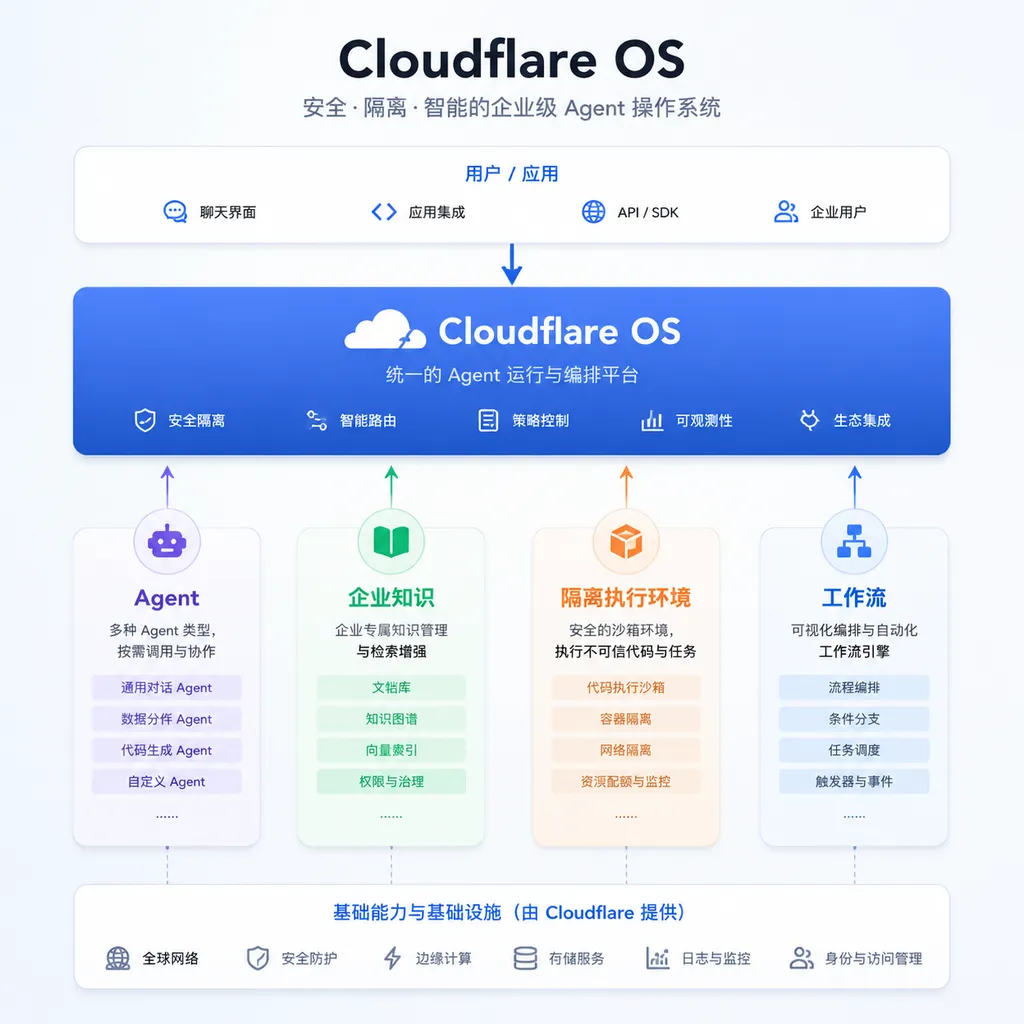 Cloudflare OS 产品界面与 Agent、企业知识、隔离执行环境和工作流之间的架构关系示意图