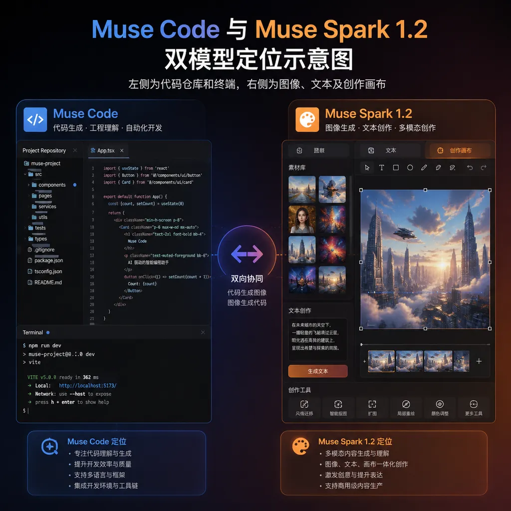 Muse Code 与 Muse Spark 1.2 双模型定位示意图,左侧为代码仓库和终端,右侧为图像、文本及创作画布