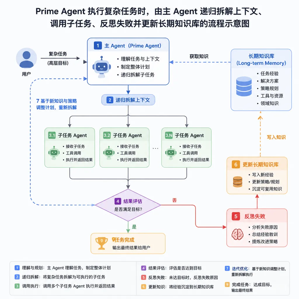 Prime Agent 执行复杂任务时,由主 Agent 递归拆解上下文、调用子任务、反思失败并更新长期知识库的流程示意图