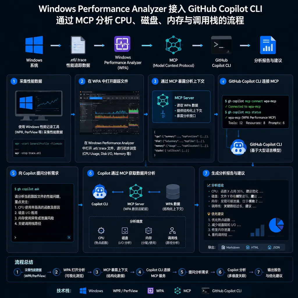 Diagram showing how Windows Performance Analyzer uses MCP to analyze CPU, disk, memory, and call stacks after integrating with the GitHub Copilot CLI
