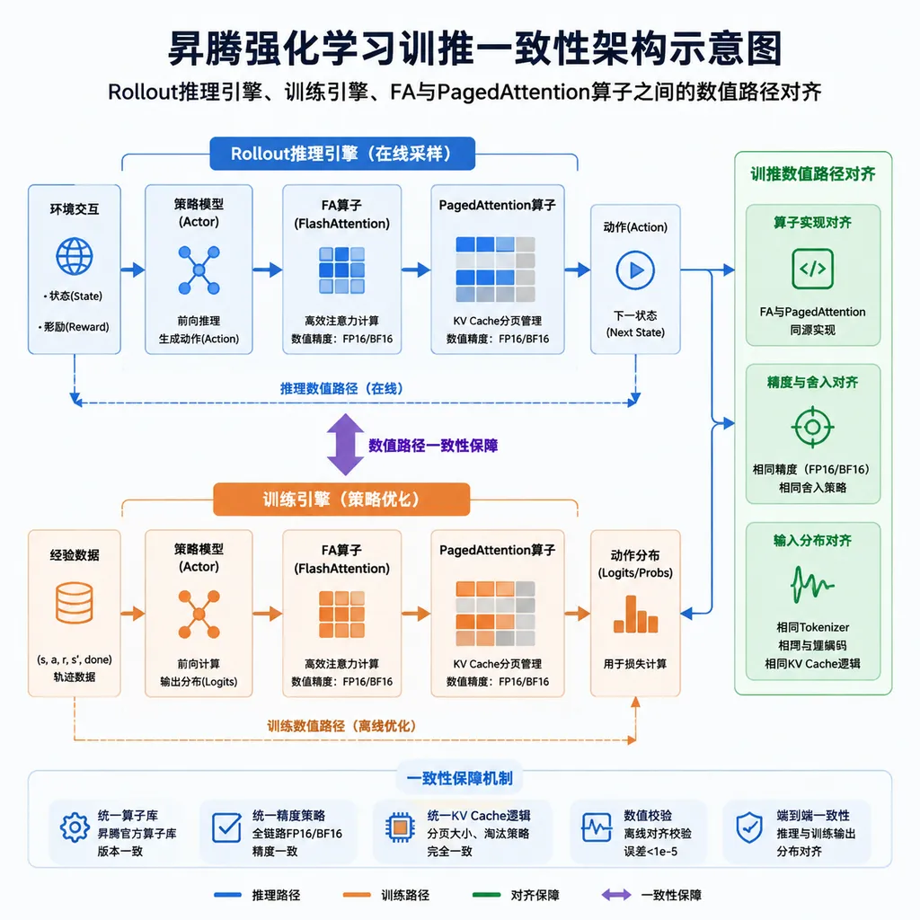 Diagram of Ascend's reinforcement learning training-inference consistency architecture, showing alignment of numerical paths among the Rollout inference engine, training engine, FA operator, and PagedAttention operator