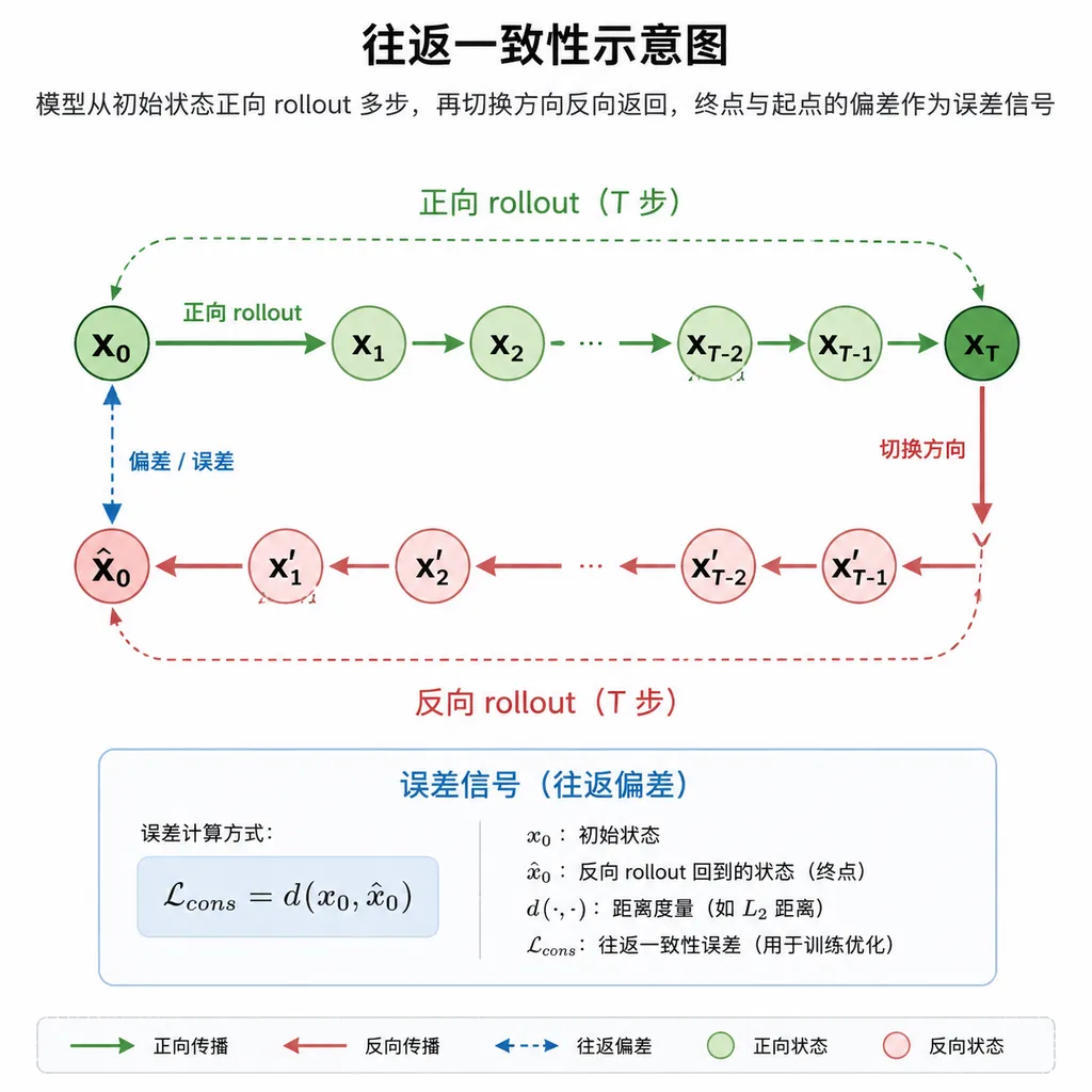 Illustration of round-trip consistency—the model rolls out forward from an initial state for multiple steps, then switches direction and returns backward; the discrepancy between the endpoint and starting point serves as an error signal