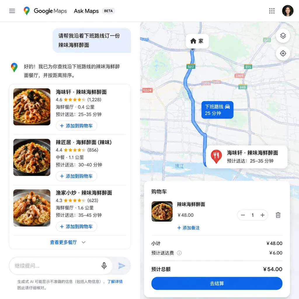 Google Maps Ask Maps 对话界面中,用户要求沿下班路线订购辣味海鲜醉面,系统展示餐厅、路线与购物车