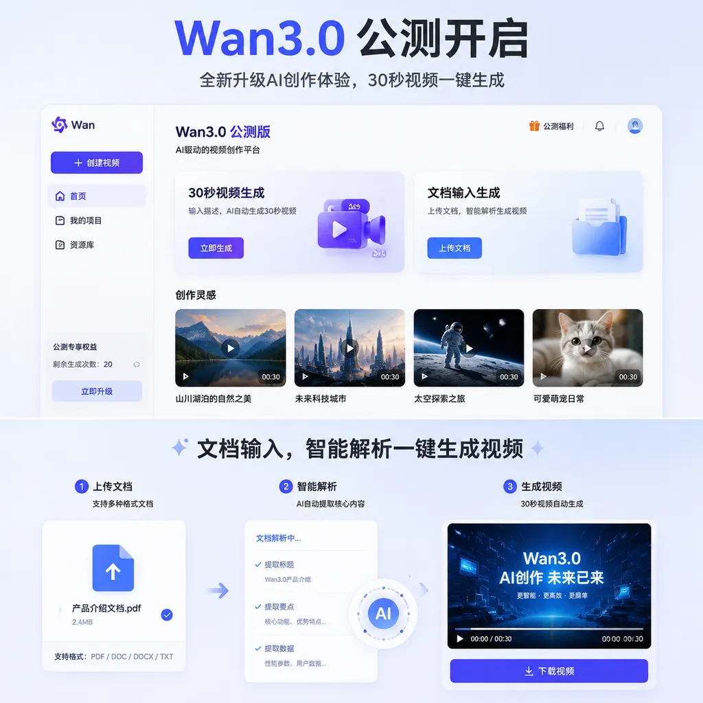 Wan3.0 public beta interface and illustrations of 30-second video generation and document input features