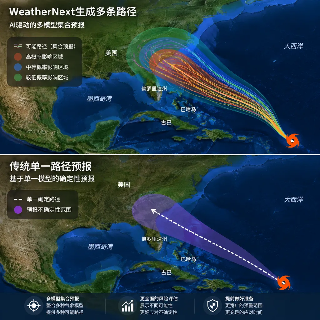 Comparison of multiple possible tropical cyclone tracks generated by WeatherNext with a traditional single-track forecast