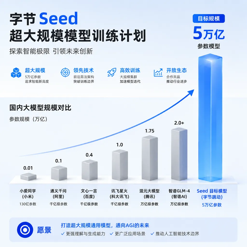 Illustration of ByteDance Seed’s ultra-large-scale model training plan, comparing a 5 trillion-parameter model with the scale of existing large models in China