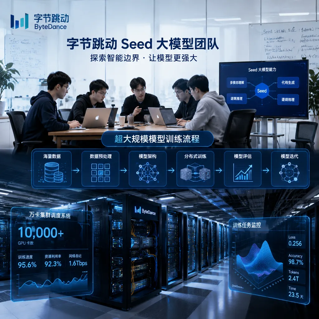 字节跳动 Seed 大模型团队与超大规模模型训练示意图
