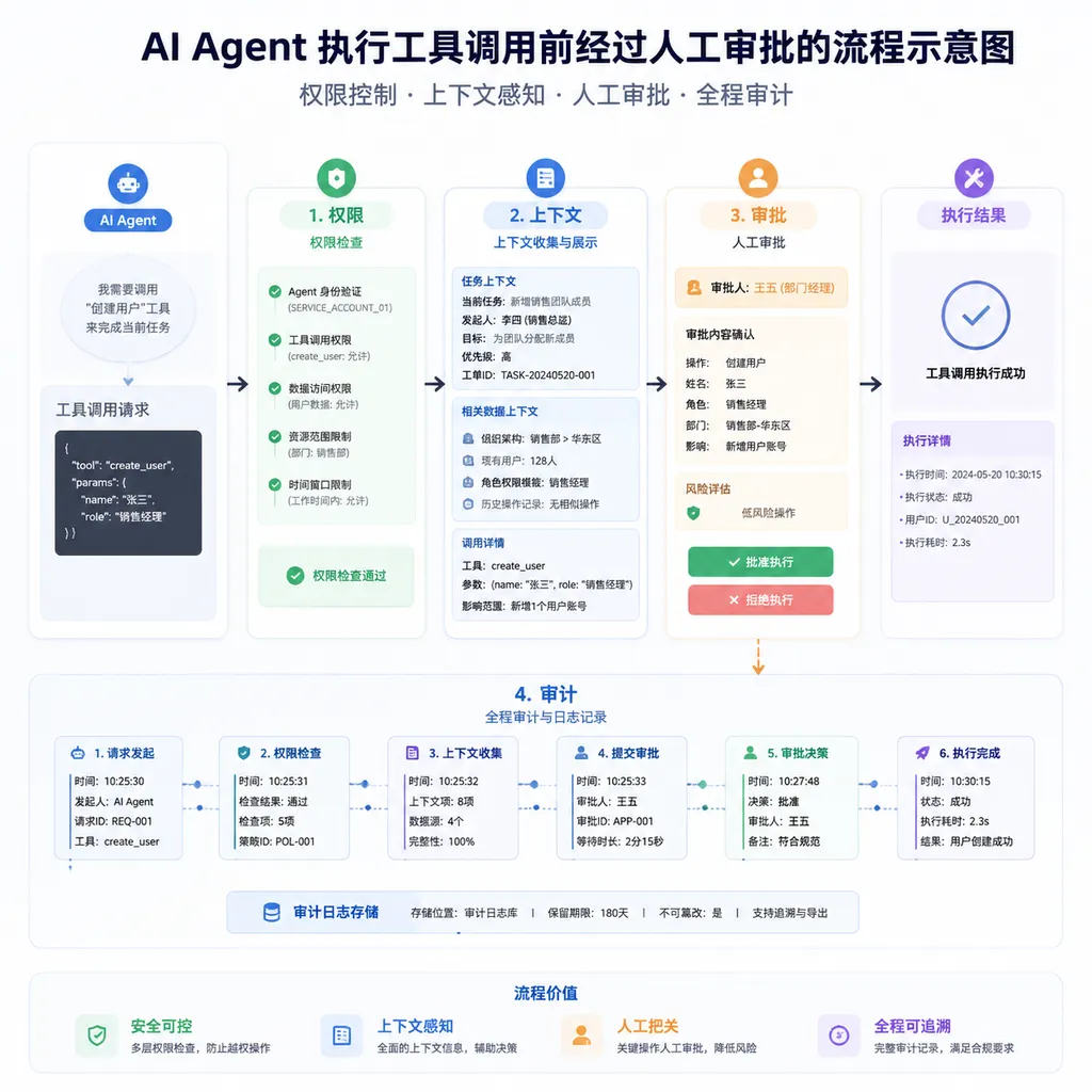 AI Agent 执行工具调用前经过人工审批的流程示意图,突出权限、上下文、审批和审计四个环节