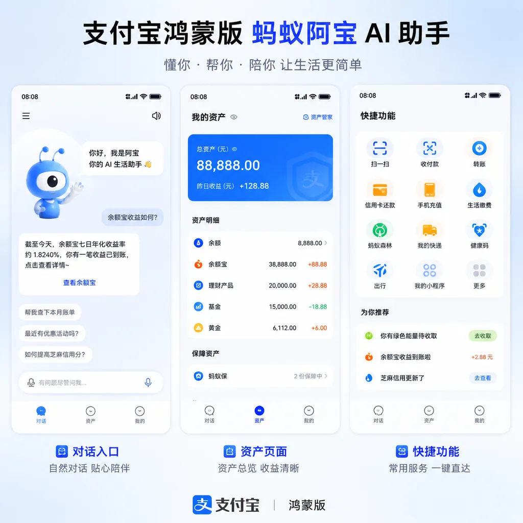 支付宝鸿蒙版蚂蚁阿宝 AI 助手界面,展示对话入口、资产页面和快捷功能按钮