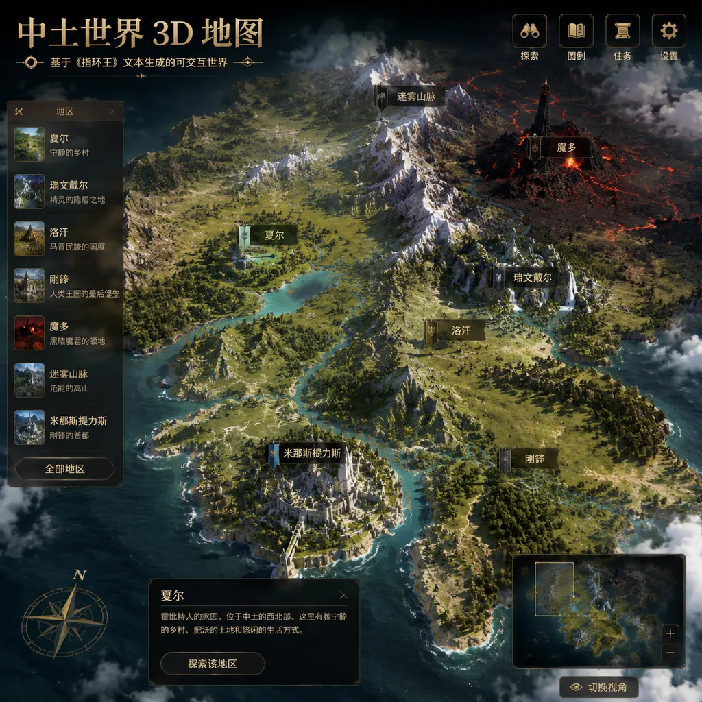 An illustration of a large model generating an interactive 3D Middle-earth based on text from The Lord of the Rings