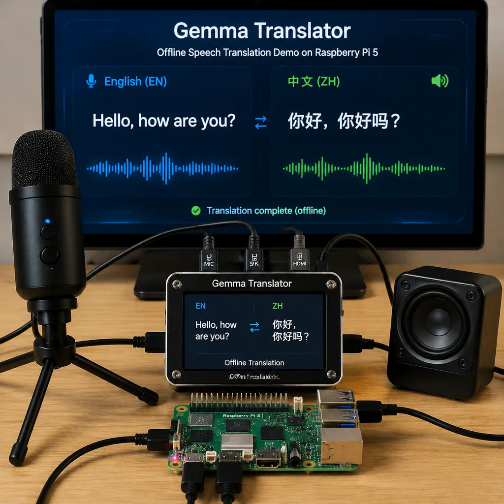 Gemma Translator 连接麦克风、扬声器和显示器,在树莓派 5 上进行离线语音翻译的演示画面