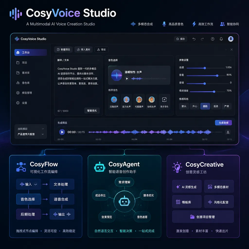 CosyVoice Studio 产品界面及 CosyFlow、CosyAgent、CosyCreative 三大模块示意图