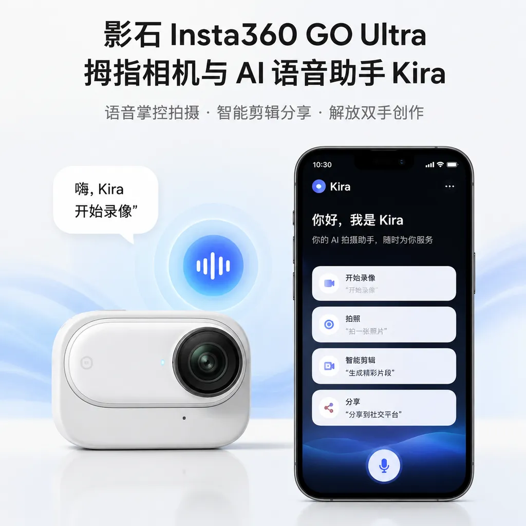 影石 Insta360 GO Ultra 拇指相机与 AI 语音助手 Kira 功能界面