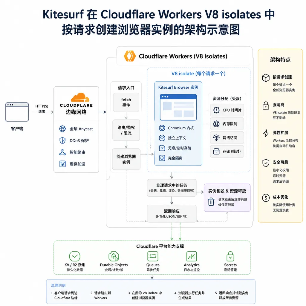 Kitesurf 在 Cloudflare Workers V8 isolates 中按请求创建浏览器实例的架构示意图