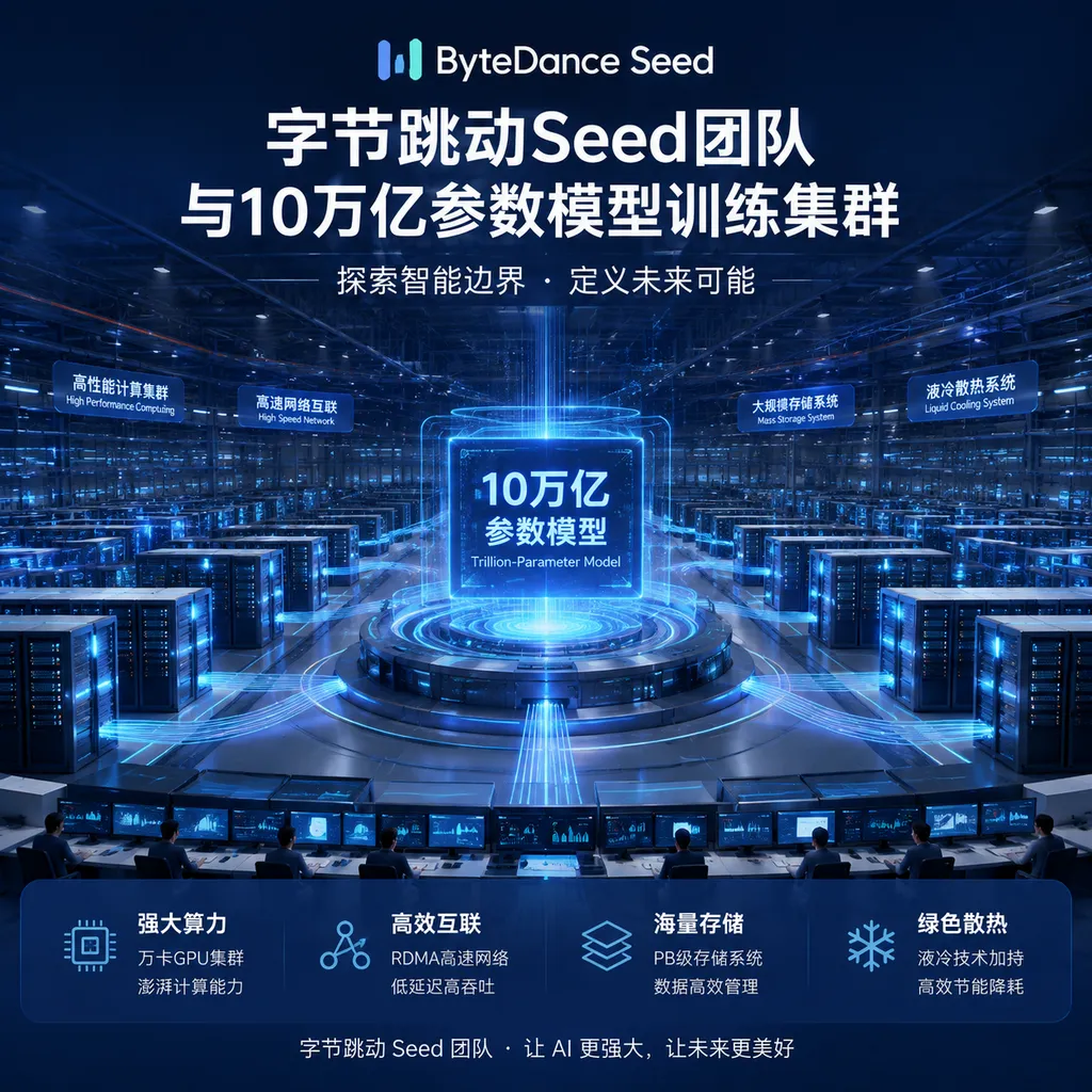 Concept image of ByteDance’s Seed team and a training cluster for a 10-trillion-parameter model