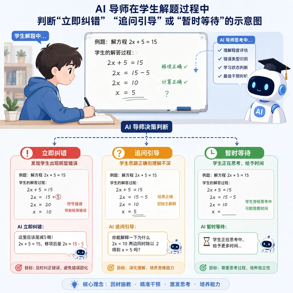 AI 导师在学生解题过程中判断“立即纠错”“追问引导”或“暂时等待”的示意图