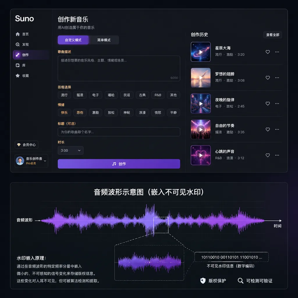 Illustration of Suno’s music generation interface and an audio waveform with an invisible watermark embedded in it