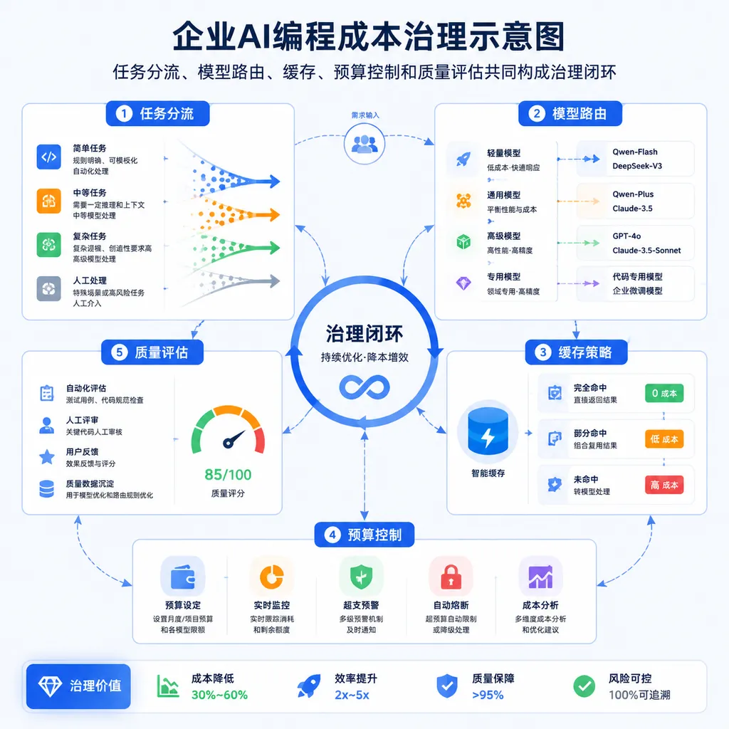 Illustration of enterprise AI coding cost governance: task routing, model routing, caching, budget controls, and quality evaluation jointly form a closed-loop governance system