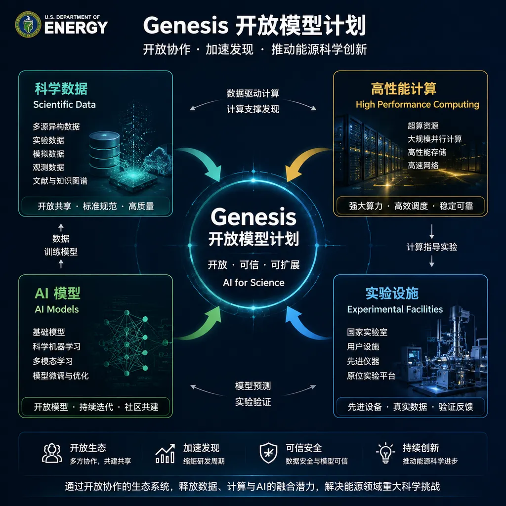 Schematic of the U.S. Department of Energy's Genesis Open Models initiative, showing collaboration among scientific data, high-performance computing, AI models, and experimental facilities
