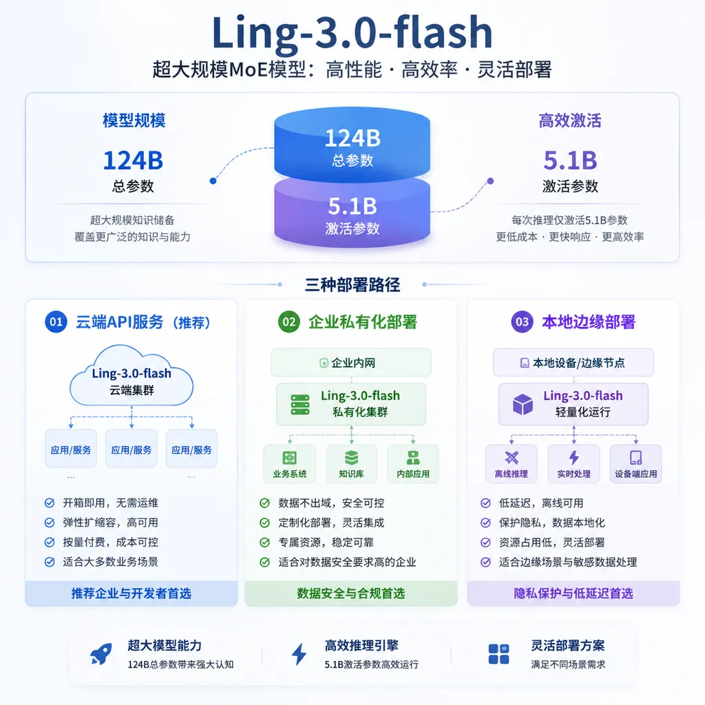 Ling-3.0-flash的124B总参数、5.1B激活参数及三种部署路径示意图