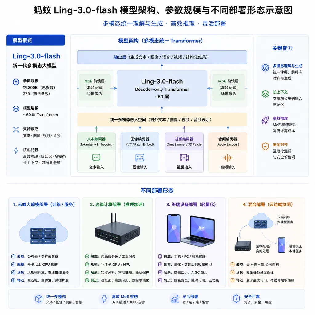 Schematic of the Ant Group Ling-3.0-flash model architecture, parameter scale, and different deployment configurations