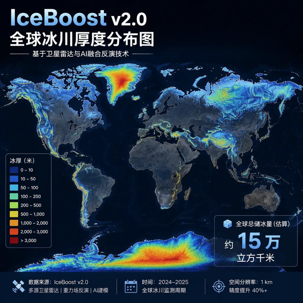IceBoost v2.0 map of global glacier thickness, using colors to distinguish ice thickness and indicating a total ice volume of approximately 150,000 cubic kilometers