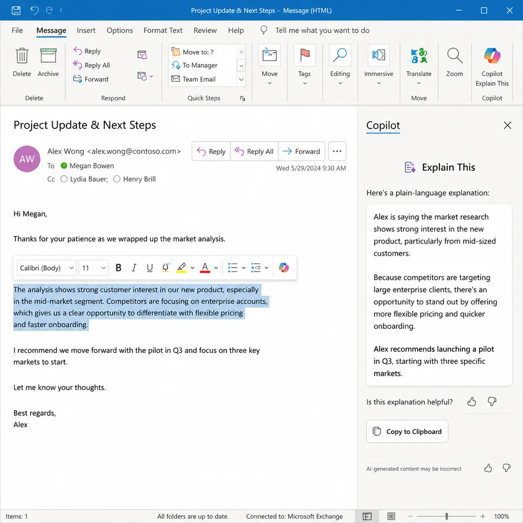 经典版 Outlook 邮件窗口中选中文字后弹出 Copilot Explain This 解释面板的示意图