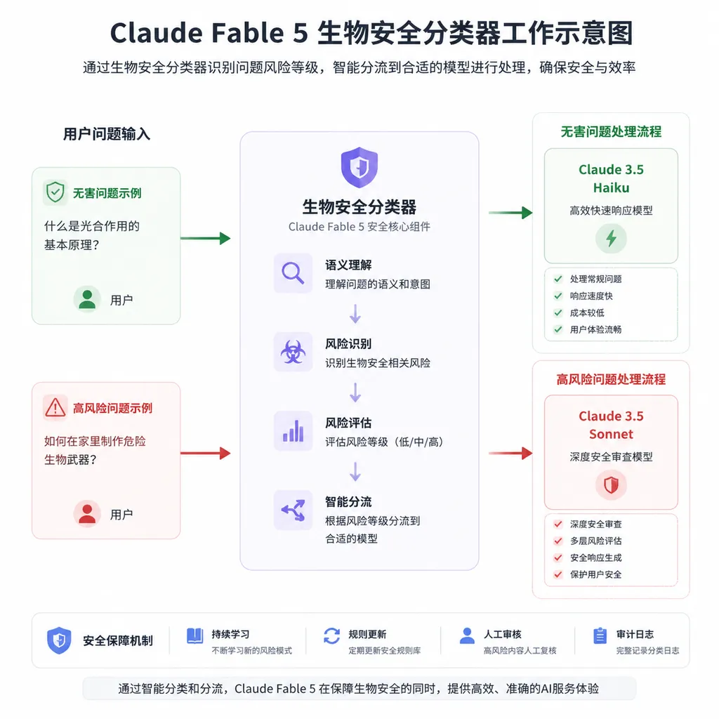 Claude Fable 5生物安全分类器工作示意图,展示无害问题与高风险问题被分流到不同模型