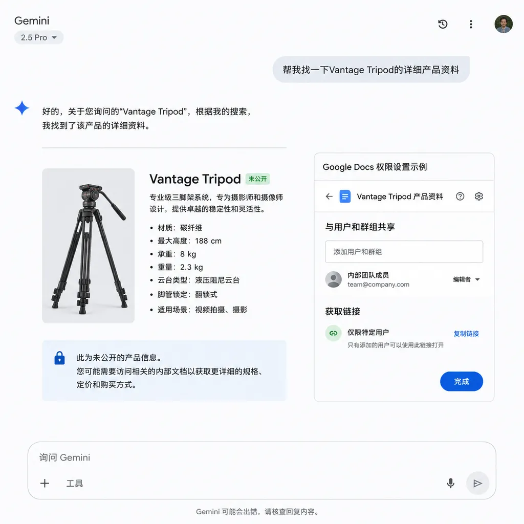 Gemini回答中出现未公开角色“Vantage Tripod”,旁边展示私人Google Docs权限设置的示意图