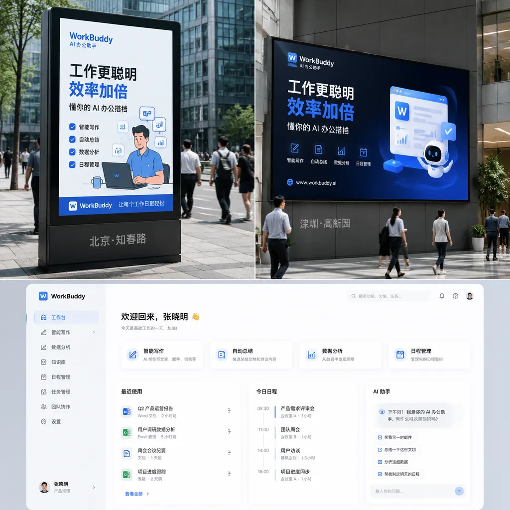 北京知春路、深圳高新园等办公区域内的WorkBuddy广告,以及产品桌面工作台界面拼图