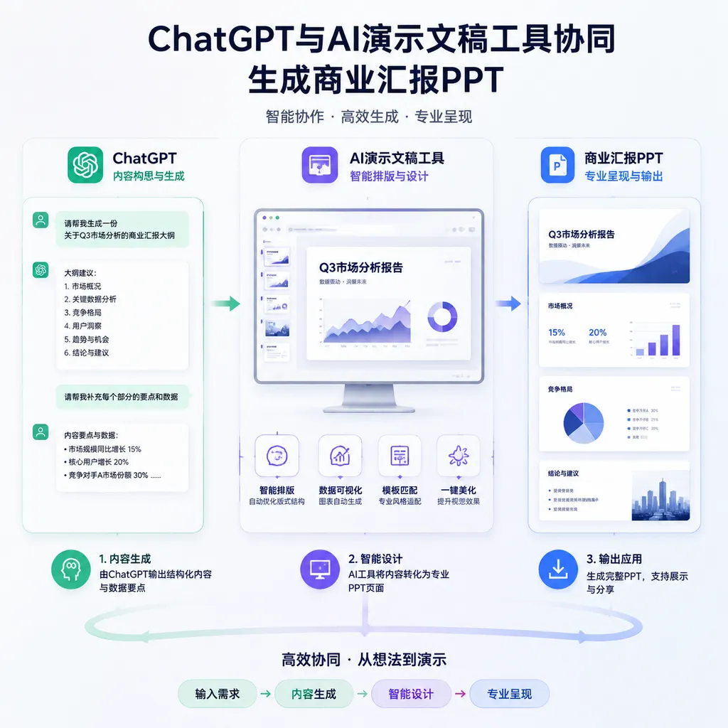 ChatGPT与AI演示文稿工具协同生成商业汇报PPT的概念图