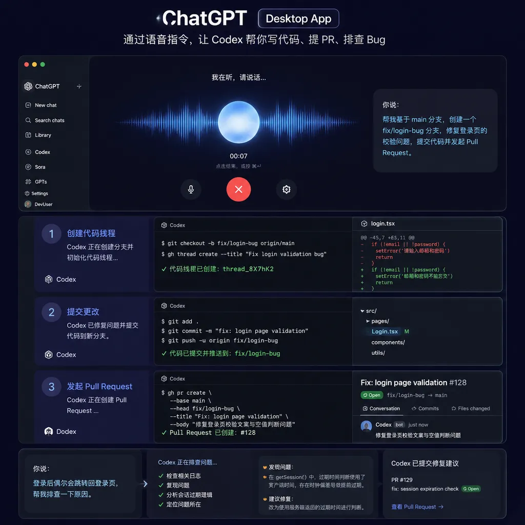 ChatGPT桌面端Voice界面,以及用户通过语音让Codex创建代码线程、提交Pull Request并排查Bug的演示画面
