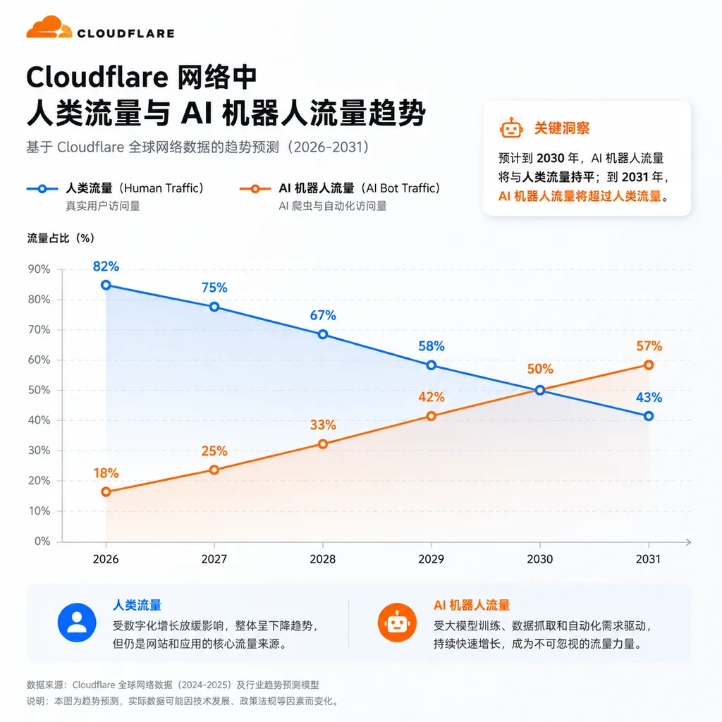 Cloudflare网络中人类流量与AI机器人流量从2026年到2031年的趋势示意图