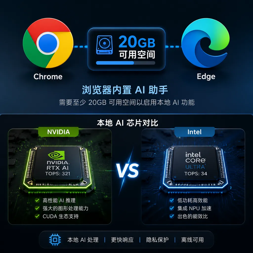 Chrome 与 Edge 浏览器图标旁展示“20GB 可用空间”和本地 AI 芯片的对比示意图