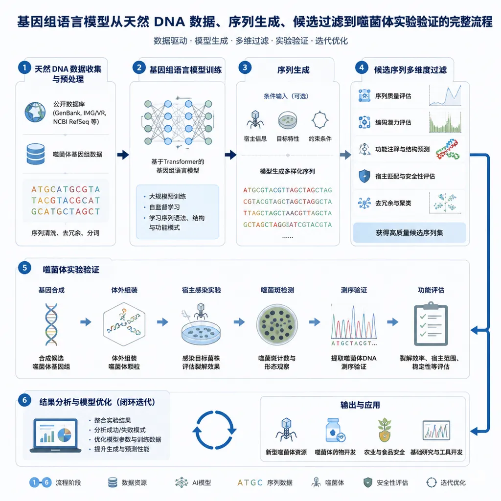 基因组语言模型从天然 DNA 数据、序列生成、候选过滤到噬菌体实验验证的完整流程图