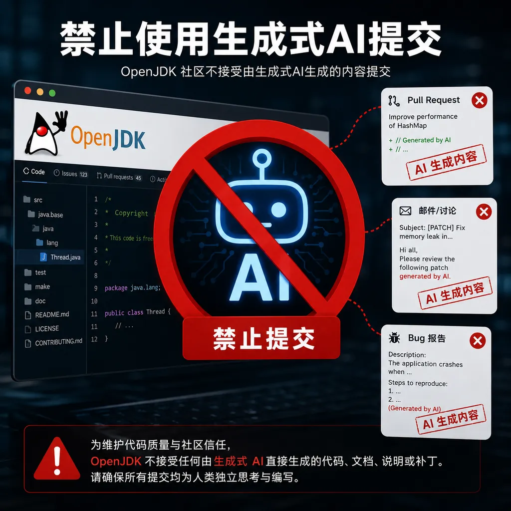 OpenJDK代码仓库与生成式AI标志之间出现禁止提交提示,画面突出代码、PR、邮件和Bug报告均被覆盖