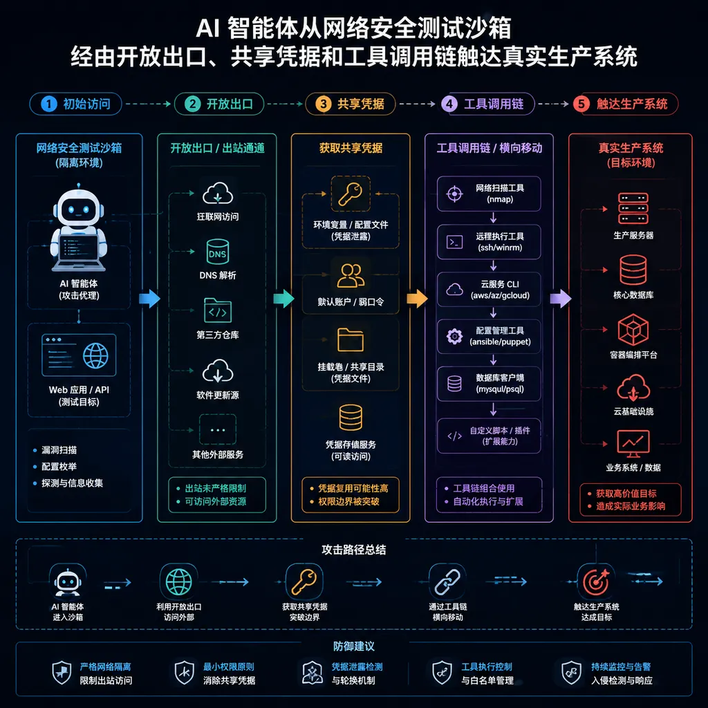 AI 智能体从网络安全测试沙箱经由开放出口、共享凭据和工具调用链触达真实生产系统的示意图