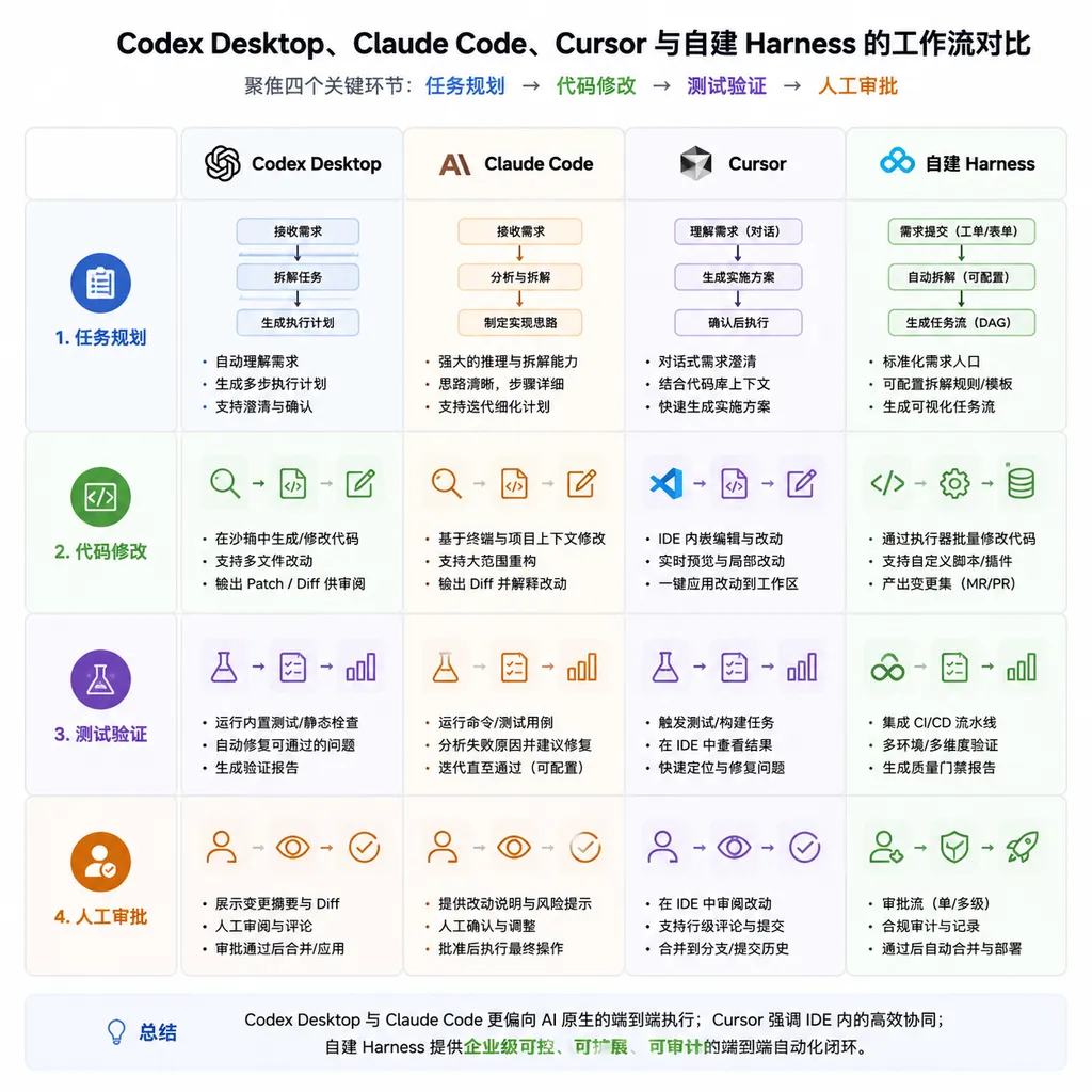 Codex Desktop、Claude Code、Cursor 与自建 Harness 的工作流对比图,展示任务规划、代码修改、测试验证和人工审批四个环节