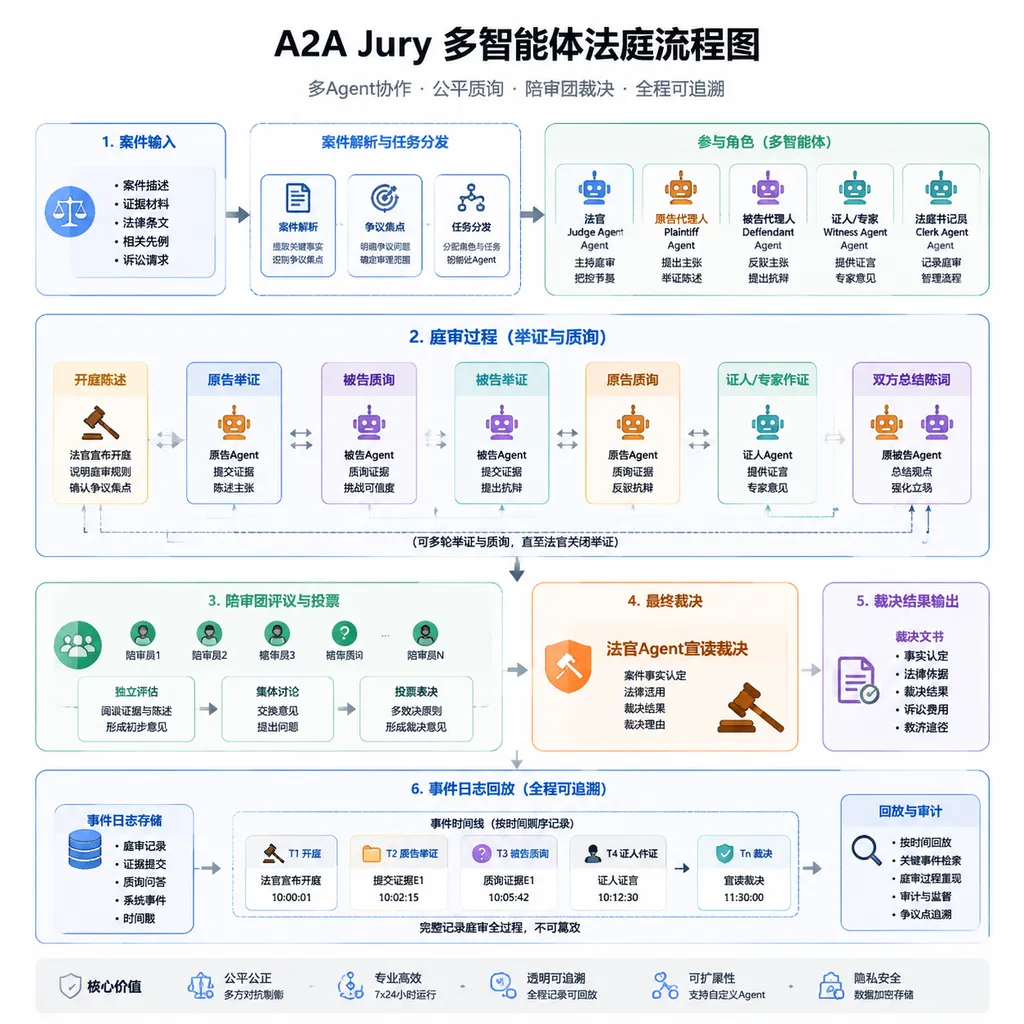 A2A Jury 多智能体法庭流程图,展示案件输入、多个Agent举证与质询、陪审团投票、最终裁决以及事件日志回放链路