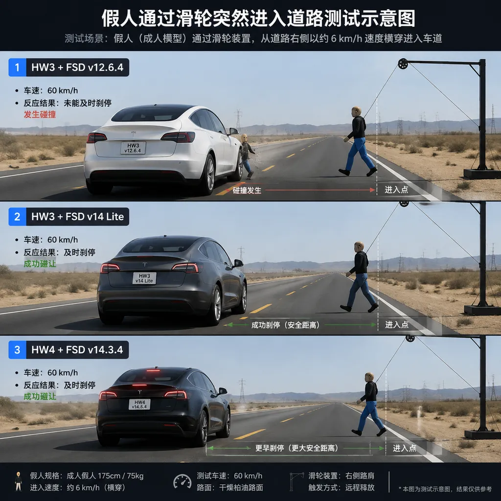 三辆特斯拉分别搭载HW3加FSD v12.6.4、HW3加v14 Lite、HW4加v14.3.4,前方假人通过滑轮突然进入道路的测试示意图