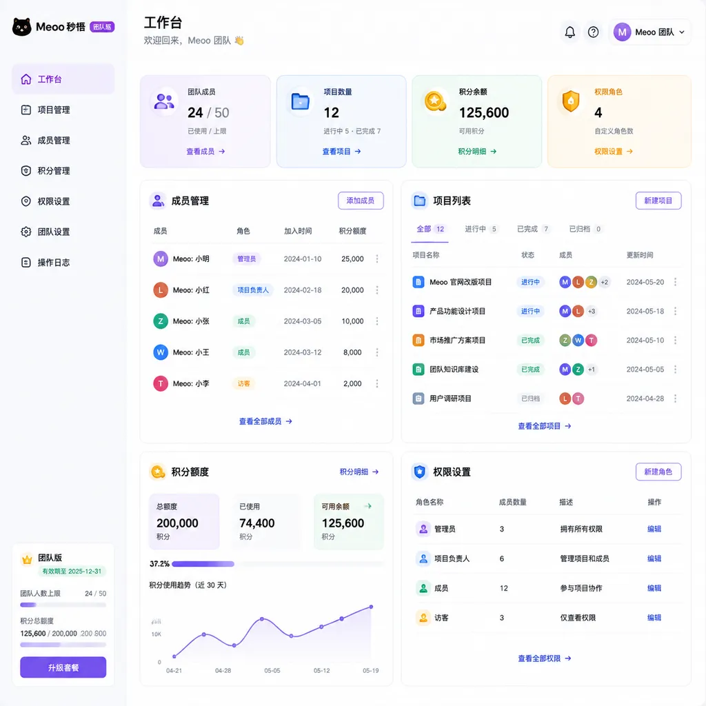 Meoo 秒悟团队版工作台示意图,展示成员管理、项目列表、积分额度和权限设置
