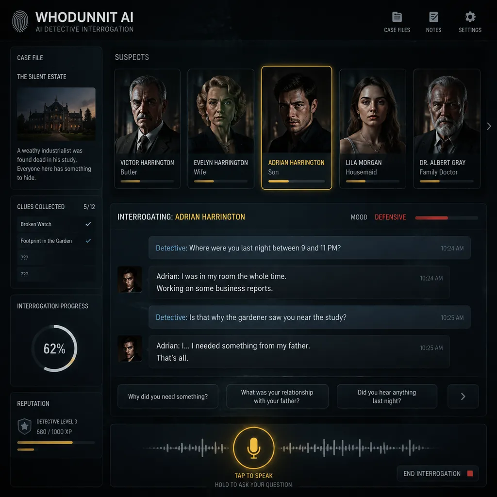 Whodunnit AI 游戏审讯界面,玩家通过麦克风与多名 AI 嫌疑人对话