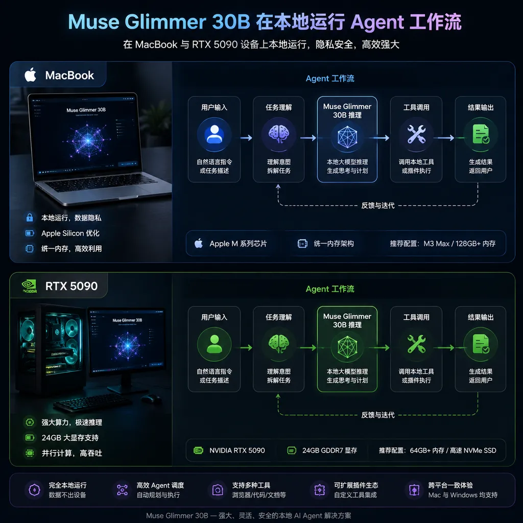 Muse Glimmer 30B在MacBook与RTX 5090设备本地运行Agent工作流的示意图